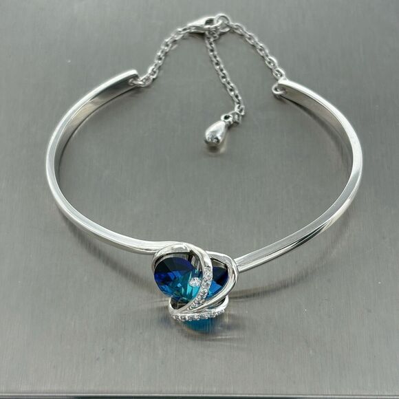 Sterling Silver Blue Crystal Heart Cubic Zirconia Accent Chain Bracelet 6.25" - Picture 6 of 8
